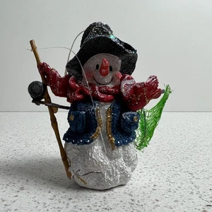 Vintage Holiday Time Sparkle Snowman Going Fishing Resin Christmas Ornament - Picture 1 of 6