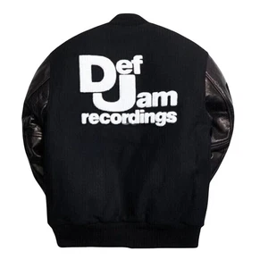 Def Jam Black Wool Varsity Jacket with real Leather Sleeves | Mens Bomber Jacket - Picture 1 of 4