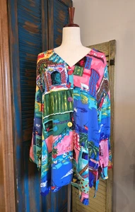 Top tunica vintage Carole Little Tropical Hawaii bottoni donna 12 multicolore boho - Foto 1 di 11