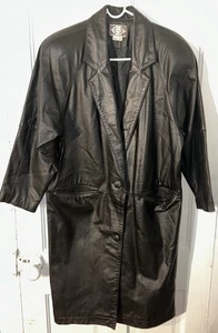 Coat Leather Vintage Paris Sport Club Women's Small Black Long Buttons Ladies - Picture 1 of 11