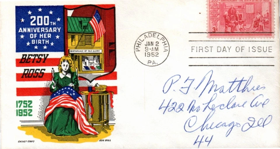 BETSY ROSS 200TH BIRTHDAY JAN 2 1952 PHILADELPHIA PA FIRST DAY COVER (FDC) BOX 1 - Image 1 of 1