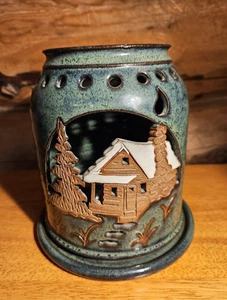 Pam & Mac Handmade Pottery Lantern Snow Capped Cabin and Forest Scene - Picture 1 of 6
