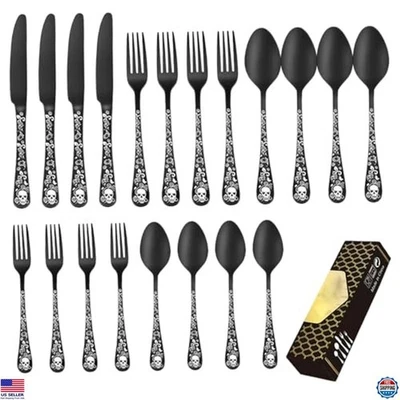 Juego de cubiertos negros calavera gótica para 4 - 20 piezas cubiertos de acero inoxidable Foto 1 de 4
