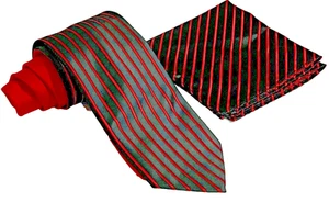 Stacy Adams Tie & Pocket Square Set Black Red Striped Chicago Bulls Colors - Picture 1 of 12