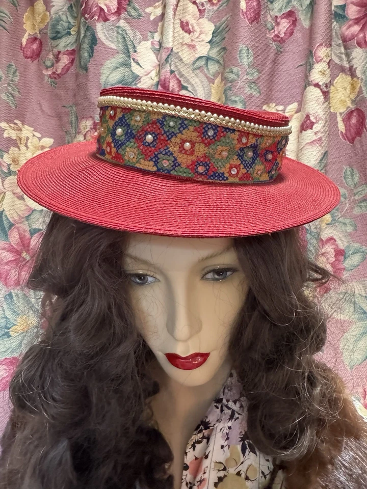 1940s Vintage Red Wide Brim Straw Hat - Image 1 of 4