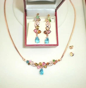 Real Topaz Multicolor Tourmaline Bar Necklace & Earrings 14K on Sterling Silver - Picture 1 of 12
