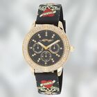 ED HARDY Women's Gold Tone Diamond Chronograph Printed Silicone Strap Goth Watch