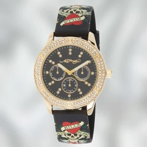 ED HARDY Women's Gold Tone Diamond Chronograph Printed Silicone Strap Goth Watch - Picture 1 of 5