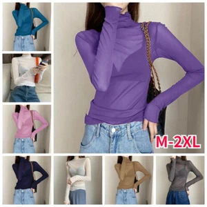 Damen Spitze Netz Shirt Tops T-Shirts transparent hochgeschlossen sexy Basic durchsichtig - Bild 1 von 21