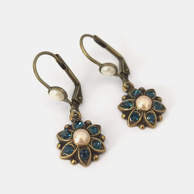 Michal Negrin Earrings Dark Blue Flower Crystals Sapphire Tone Dainty Drop Gift - Image 1 of 4