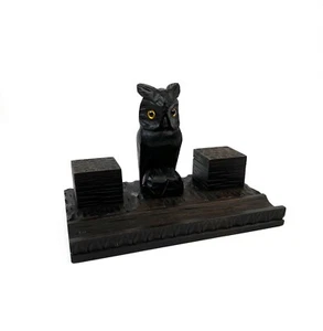 VERY RARE BLACK FOREST ANTIQUE HANDCARVED OWL INKWELL SCULPTURE DESK ORGANIZER - Picture 1 of 9