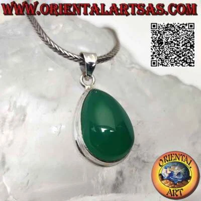 Ciondolo in argento 925 grande agata verde a goccia cabochon su montatura liscia - Immagine 1 di 4