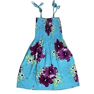 ALOHA FASHION Hawaiian Dress sz One Size Aqua & Purple Floral Spaghetti Straps - Picture 1 of 6