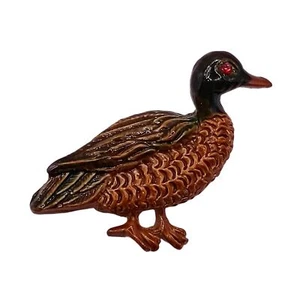 Vintage Enamel Duck Brooch Pin Red Rhinestone Eye Signed Gerry's Brown Green - Picture 1 of 5