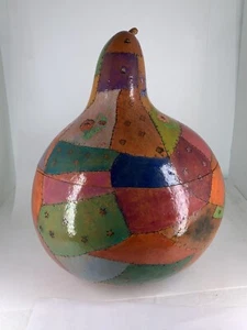 Large Hand Painted Gourd Folk Art Patchwork Boho Lidded Lid - Picture 1 of 11