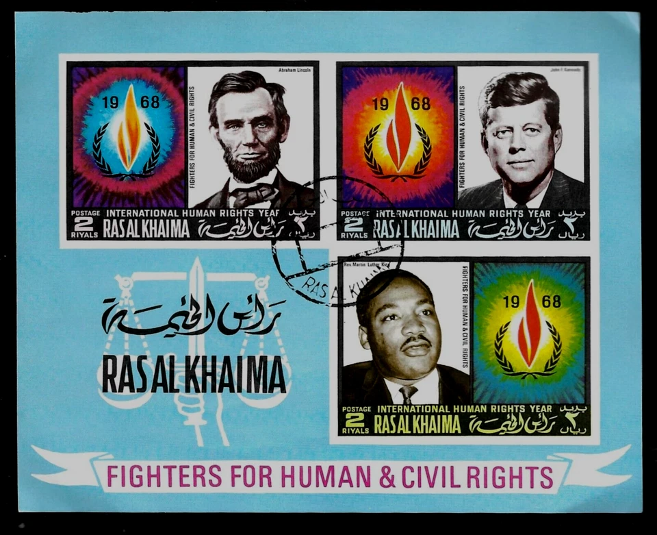 RAS al KHAIMA 1968 JFK FIGHTING FOR HUMAN CIVIL RIGHTS IMPERF 3 STAMP MINI-SHEET - Image 1 of 2