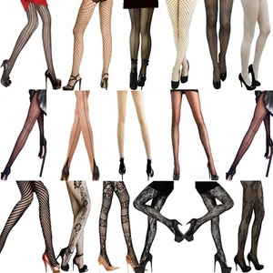 Tights Women Fishnet Sheer Seams Stripe Pattern XL Black Silky Nude Fish Net UK - Picture 1 of 17