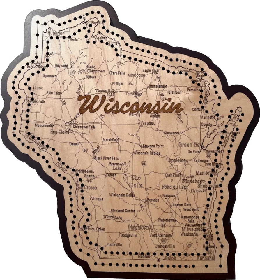 Wisconsin Shaped Road Map Cribbage Board - Image 1 of 1