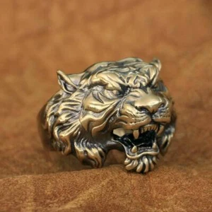 Brass Tiger Ring Detail Punk Animal Jewellery BR130C UK Size N½ to Z4 - Picture 1 of 27