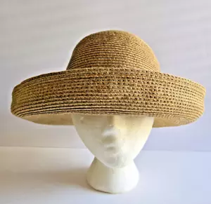 ERIC JAVITS Tan Sun Hat Squishee Straw Packable Travel 4" Wide Brim UPF 50+ - Picture 1 of 8