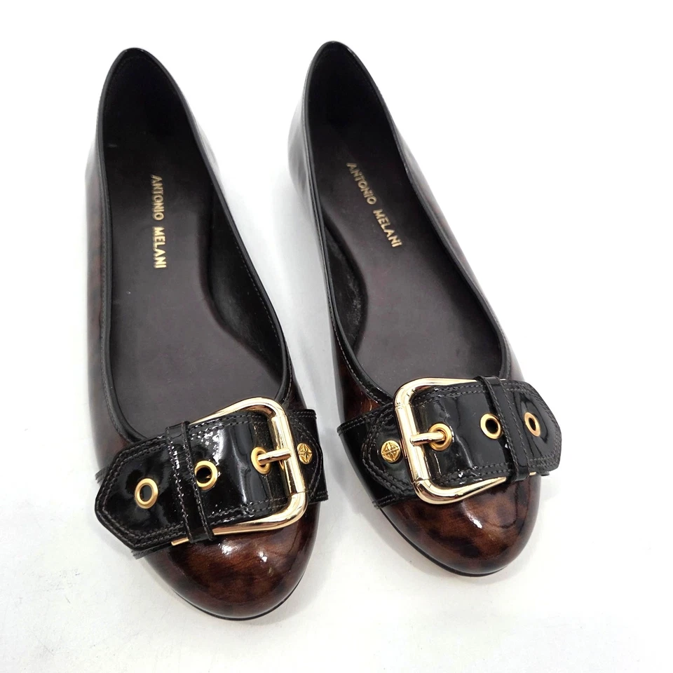 Zapatos planos Antonio Melani marrón charol estampado animal suela de cuero talla 7,5 Foto 1 de 4
