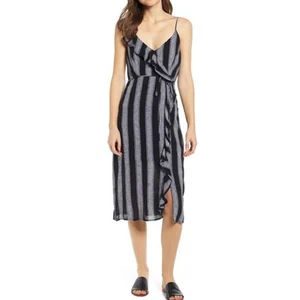RAILS ARIEL THOMPSON STRIPE FAUX WRAP BLACK GREY MIDI DRESS SIZE S - Picture 1 of 9