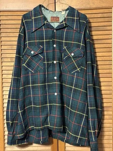 XL Sears Kings Road Shop Shirt Vintage 70s Plaid Flannel Green Red Yellow - Picture 1 of 5