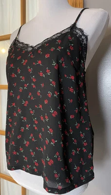Women’s Cami Tank Top M Black Floral Lace Accent Whimsigoth Romantic Clubwear - Image 1 of 4