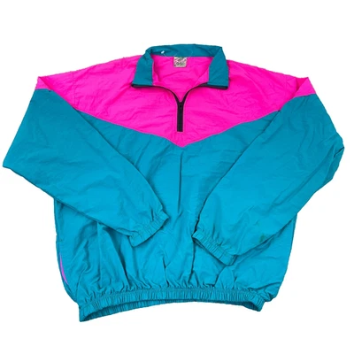 Vintage Surf Style Jacket Adult XL Pullover Windbreaker Neon Pink Teal Track 90s - Image 1 of 4