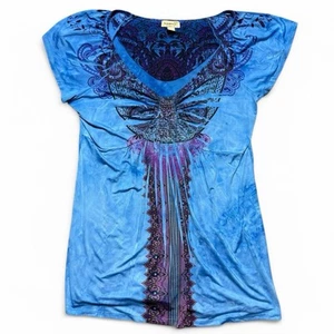 Blusa manica corta Emerald Live and Let Live blu boho fata taglia L - Foto 1 di 8