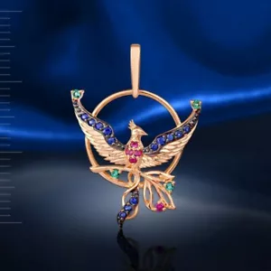 Rose Rotgold 585 14 kt Vogel Anhaenger mit synth. Smaragd Saphir Rubinen NEU - Bild 1 von 2