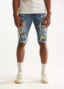 Embellish NYC Men's Rip & Repair Patchwork Distressed Skinny Denim Jean Shorts - Picture 1 of 9