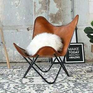 Handmade Vintage Tan Leather Buffalo Butterfly Chair Relax Arm Chair Living Room