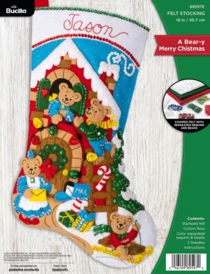 Kit de apliques de medias de fieltro Bucilla 18" de largo A Bear-Y Feliz Navidad 89597E Foto 1 de 3