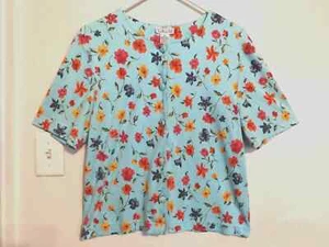 Talbots Damen Bluse L Blumen Blau Knopfleiste Cropped Shirt Oberteil Kurzarm - Bild 1 von 3
