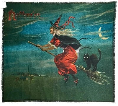 NEW Halloween VTG NASH POSTCARD Tapestry Throw Blanket WITCH RED DRESS BLACK CAT - Image 1 of 4