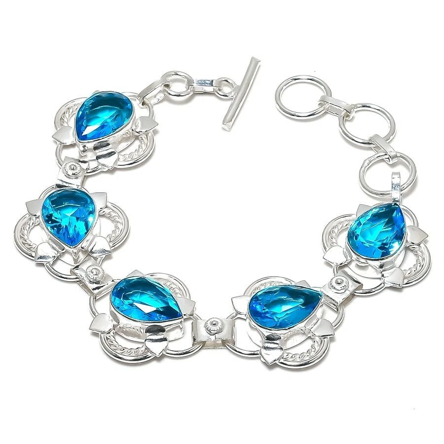 Brazalete de joyería de plata de ley 925 hecho a mano con piedras preciosas de topacio azul suizo talla 7-8 Foto 1 de 1