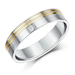 5mm 9ct Two Tone Flat Court Diamond Wedding Ring - Picture 1 of 3