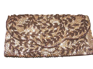 60S EVENING PURSE BEADED CLUTCH BAG COPPER SEQUIN GLASS BEAD DeLILL MIRROR 10X 5 - Picture 1 of 8
