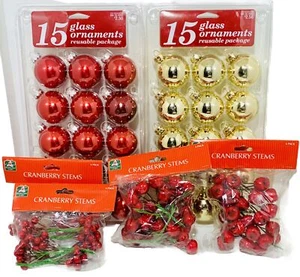 CHRISTMAS Glass Ornaments SET of 30 Red & Gold + Cranberry Stems 12 Sm & 12 Med - Picture 1 of 4