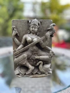 1700's Ancient Gray Stone Hand Carved Hindu Goddess Saraswati Maa Sculpture - Picture 1 of 13