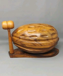 Mid-Century Carved Walnut Shaped Nut Serving Bowl With Nutcracker Mallet & Picks - Picture 1 of 18