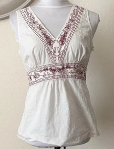 ANN TAYLOR LOFT Women's Sleeveless White Top Embroidery Deep VNeck Size 12P - Picture 1 of 7