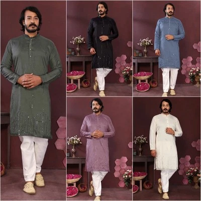 Indian Pure Cotton Kurta Pajama For Men’s Wedding Wear Fancy rayon Ready Made - Image 1 of 4