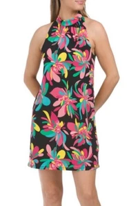 NWT TRINA TURK Halter Dress L Hana Hou Vibrant Black Tropical Floral Resortwear - Picture 1 of 13