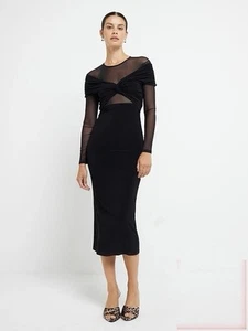 River Island Black Mesh Panel Bodycon Dress - Bow Detail UK 18 Long Sleeve Midi - Picture 1 of 10