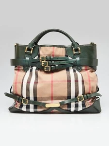 Burberry Green Leather Bridle House Check Canvas Lynher Large Tote Bag - Picture 1 of 12