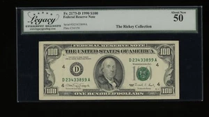 DBR 1990 $100 FRN Cleveland Fr. 2173-D Legacy AU-50 Serial D23433899A - Picture 1 of 2