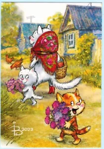R.Zenyuk Russian postcard Village CAT HAPPY KITTENS go FOR VISIT Flowers Hens - Foto 1 di 1