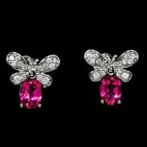 GENUINE AAA PINK TOPAZ OVAL & WHITE CZ STERLING 925 SILVER DROGONFLY EARRING - Picture 1 of 6